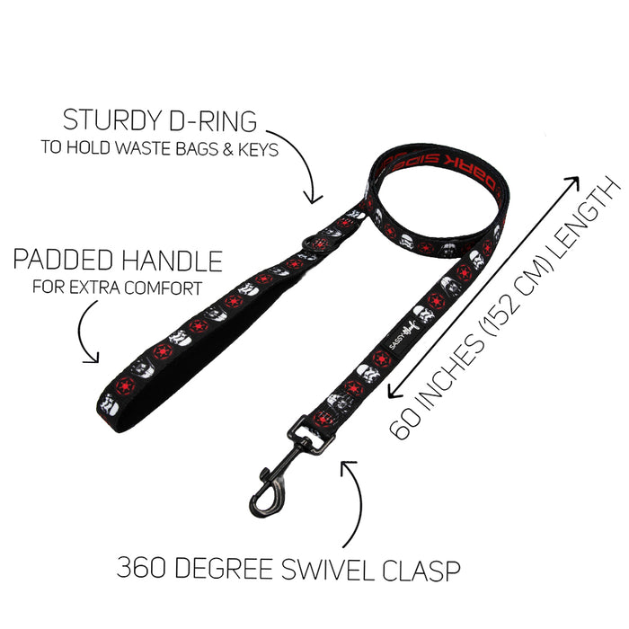 The Sassy Woof Dog Leash - STAR WARS™ The Dark Side features a comfy neoprene handle, sturdy D-ring, 60-inch (152 cm) length, 360° swivel clasp, and red/white designs. Labels highlight each feature.
