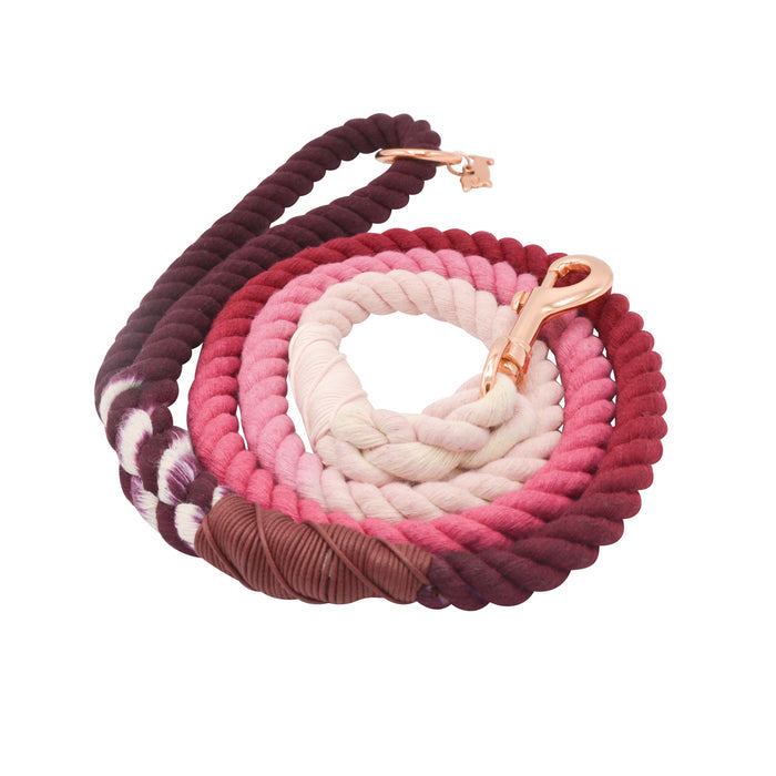 The Sassy Woof Dog Rope Leash - Amore features hand-crafted ombre shades of burgundy, pink, and cream with a rose gold clip, shown beautifully on a white background.