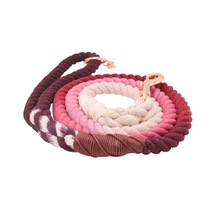 The Sassy Woof Dog Rope Leash - Amore is a hand-crafted, coiled ombre leash in burgundy, pink, and cream, featuring a gold metal clasp and brown leather wraps at the ends.