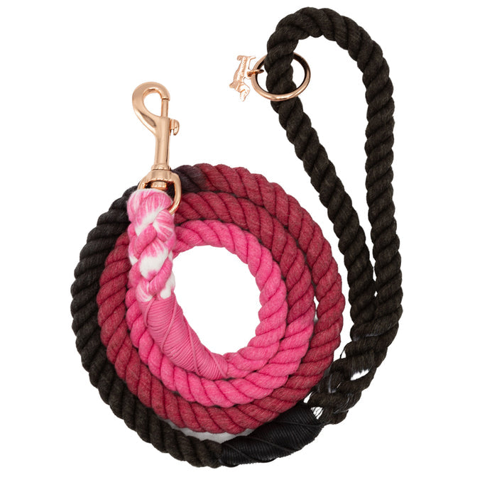 The Sassy Woof Dog Rope Leash - Juliet features hand-crafted cotton with an ombre gradient from black to dark brown, maroon, and pink, finished with a rose gold metal clasp and ring.