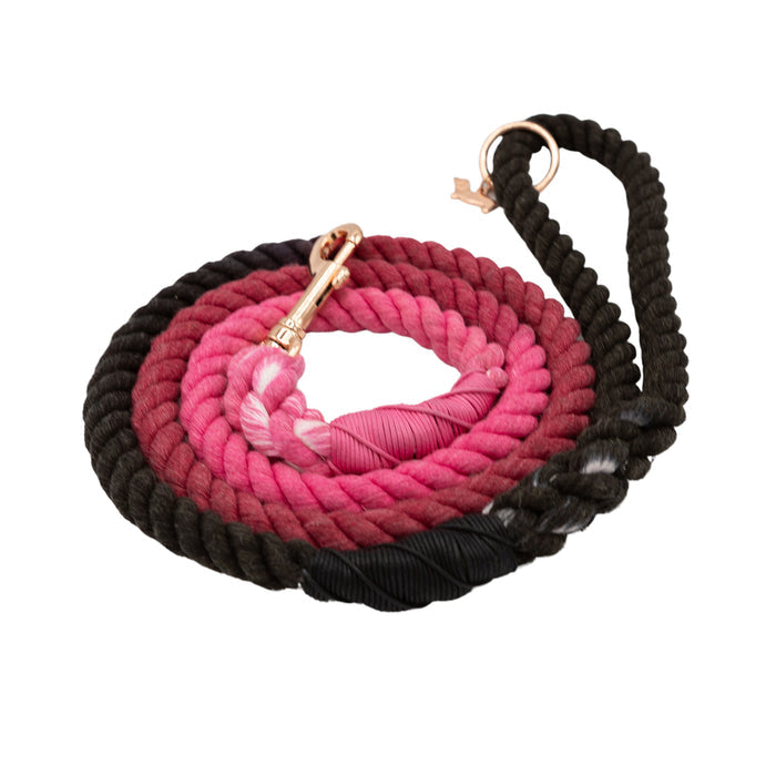 The Sassy Woof Dog Rope Leash - Juliet features hand-crafted cotton with a black-to-dark-pink-to-light-pink gradient and a gold clasp. This ombre leash is both stylish and sturdy for daily dog walks.