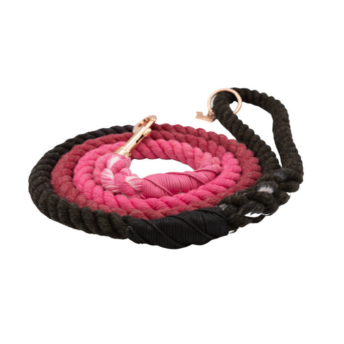 The Sassy Woof Dog Rope Leash - Juliet is a hand-crafted cotton leash with a metal clasp, featuring a beautiful ombre gradient from black to dark pink to light pink.