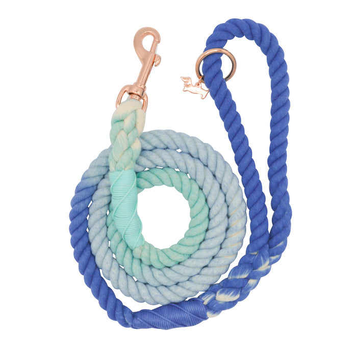 The Sassy Woof Dog Rope Leash - Tropic is a hand-crafted ombre leash in blue and aqua shades, featuring a rose gold clasp and a small dog-shaped charm near the handle.
