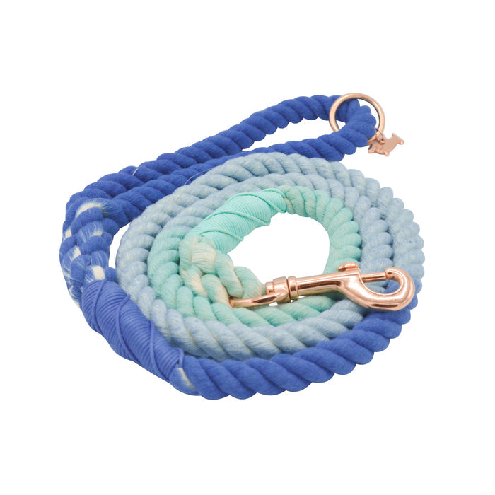 The Sassy Woof Dog Rope Leash - Tropic features an ombre design from dark to light blue with a gold clasp and ring, shown on a white background.