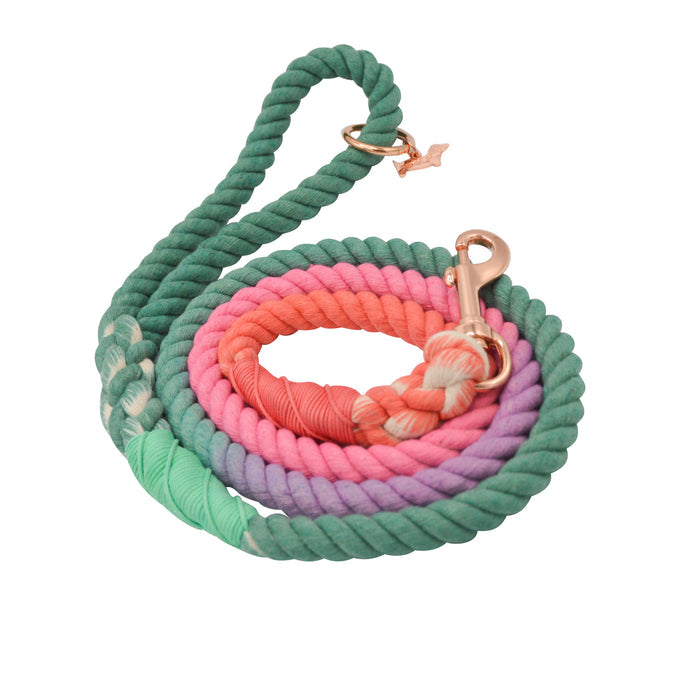 The Sassy Woof Dog Rope Leash - Unicorn features hand-crafted ombre sections in green, pink, orange, and purple with a rose gold hardware clasp and loop, shown isolated on a white background.