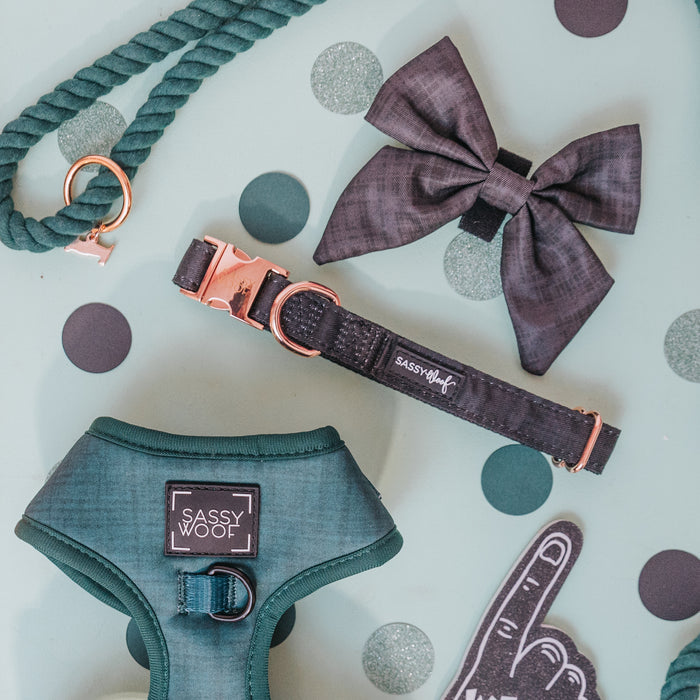 A green rope dog leash, Dog Sailor Bow - Baby Got Black by Sassy Woof, black collar with rose gold buckle, green Sassy Woof harness, and a foam finger cutout are arranged on a polka dot background.