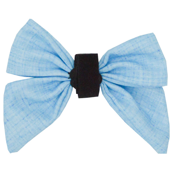 The Sassy Woof Dog Sailor Bow - Blumond features wide loops in light blue fabric with a black center band, shown on a white background.