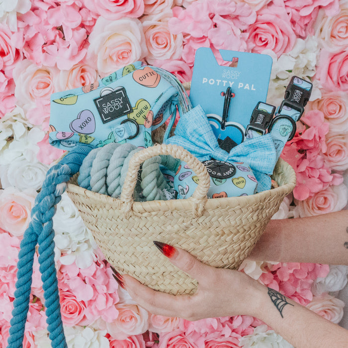 Tattooed hands hold a woven basket with Sassy Woof’s Dog Sailor Bow - Blumond, plus matching leash, collar, waste bag holder, and rope toy from the Blumond line, set against pink and white roses.