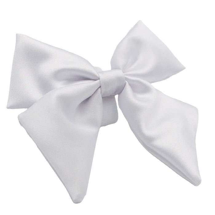 The Sassy Woof Dog Sailor Bow - Pup of Honor features wide loops and long tails in white satin—an elegant accessory for any dog wedding outfit or matching set.