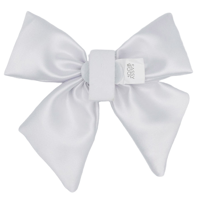 The Dog Sailor Bow - Pup of Honor by Sassy Woof is a large, shiny white satin bow with a central knot—perfect for dog weddings or paired with matching accessories.