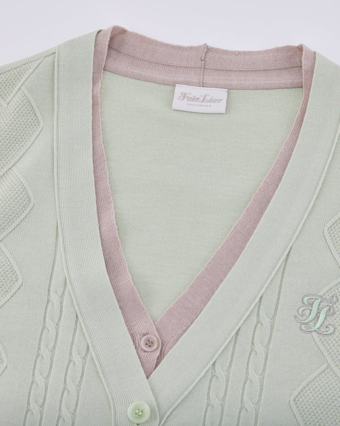 Double Color V Neck Cardigan (Green)