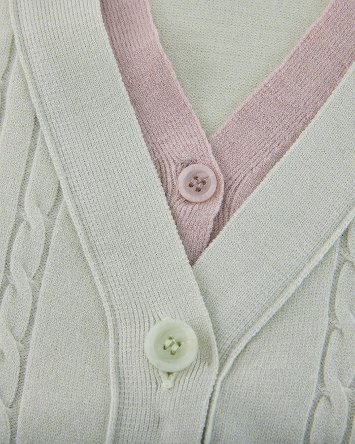 Double Color V Neck Cardigan (Green)