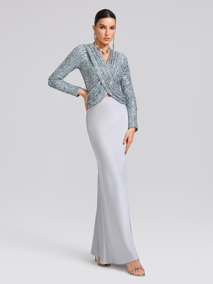 Draped V-Neck Sequin Sculpted Top