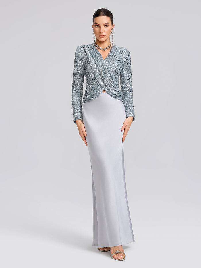 Draped V-Neck Sequin Sculpted Top