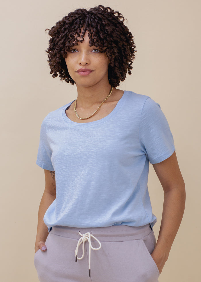 woman wearing relaxed slub tee in sky blue