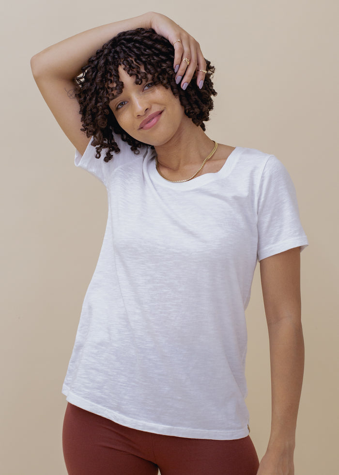 woman wearing relaxed slub tee in white