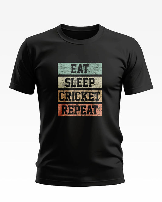 Black men's t-shirt with 'Eat Sleep Cricket Repeat' text in bold colored blocks.