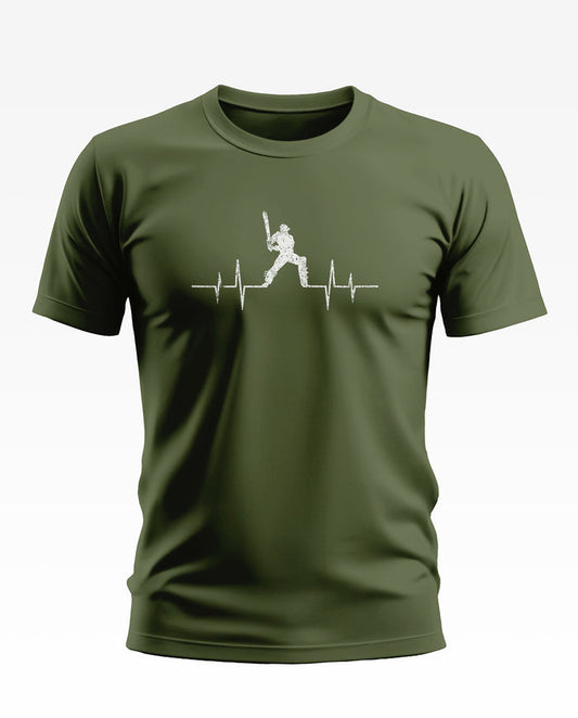 Army green men's t-shirt with white cricket player and heartbeat line graphic print