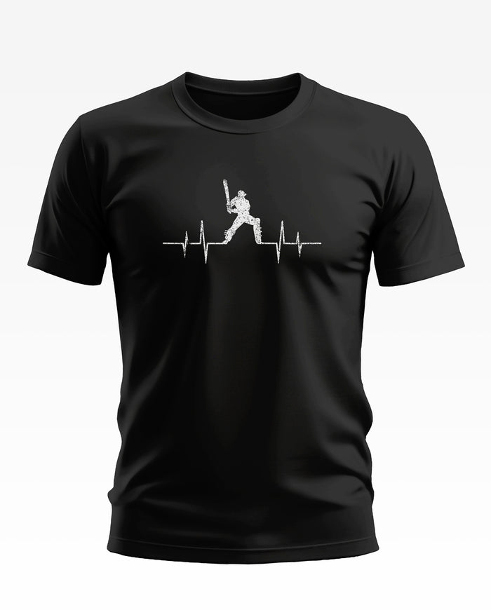 Black men's t-shirt with white cricketer and heartbeat graphic on chest
