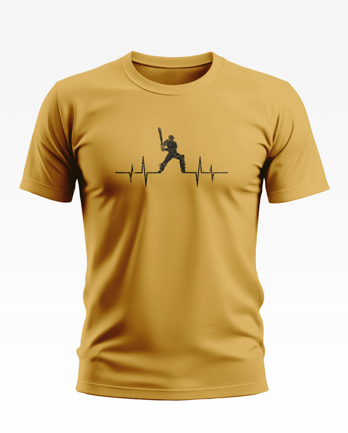 Yellow men's t-shirt with a cricket player and heartbeat line graphic on the chest