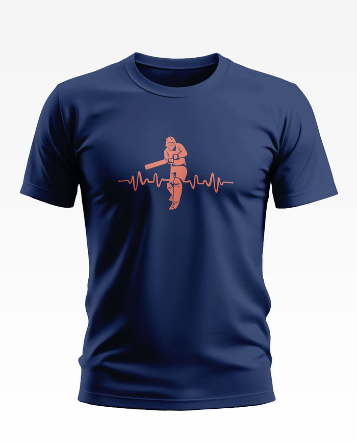 Navy blue men's t-shirt with orange cricketer and heartbeat line graphic