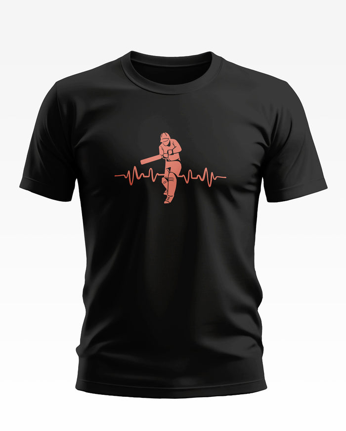 Black men's t-shirt with red cricket player and heartbeat line graphic on front