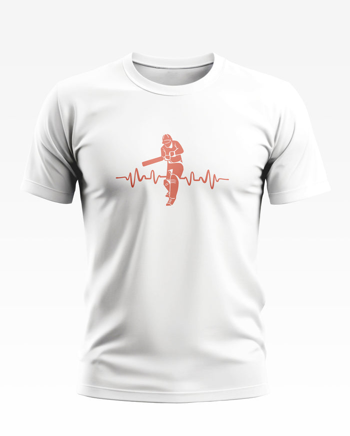 White men's t-shirt with red cricket batsman and heartbeat graphic on chest