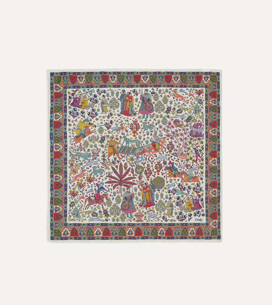 Ecru Floral Mughal Print Wool-Silk Bandana