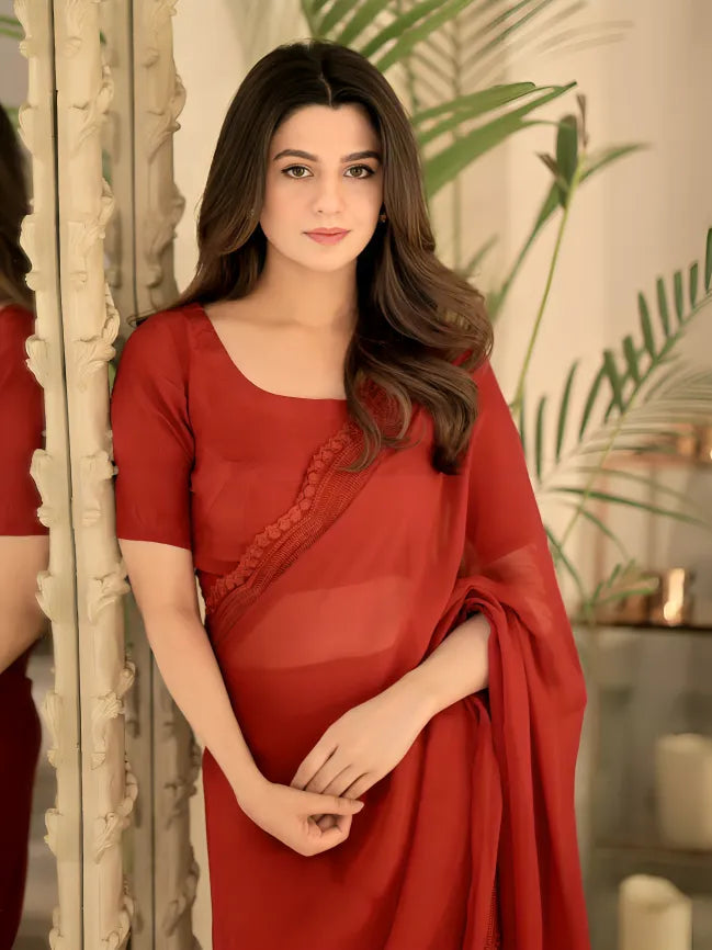 Embroidered Pure Chiffon: Carmine