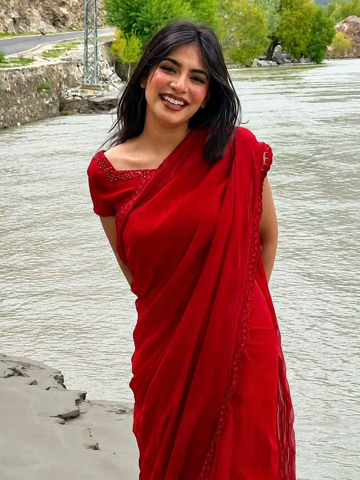 Embroidered Pure Chiffon: Carmine