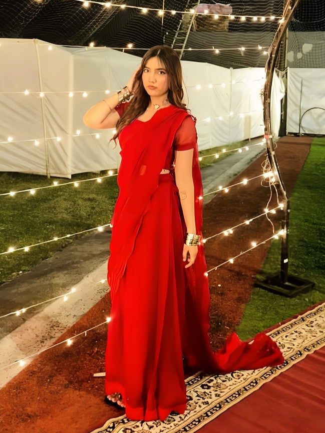 Embroidered Pure Chiffon: Carmine