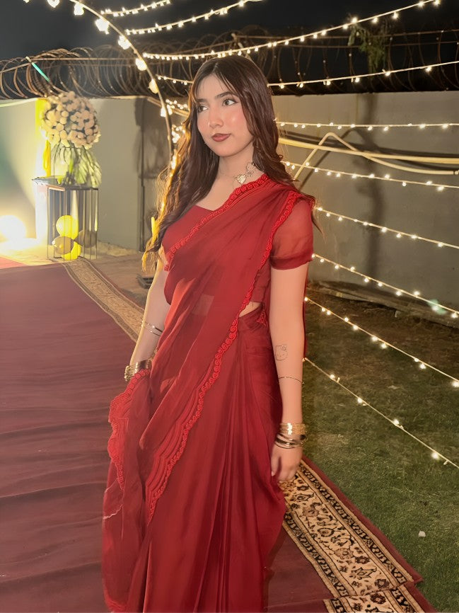 Embroidered Pure Chiffon: Carmine
