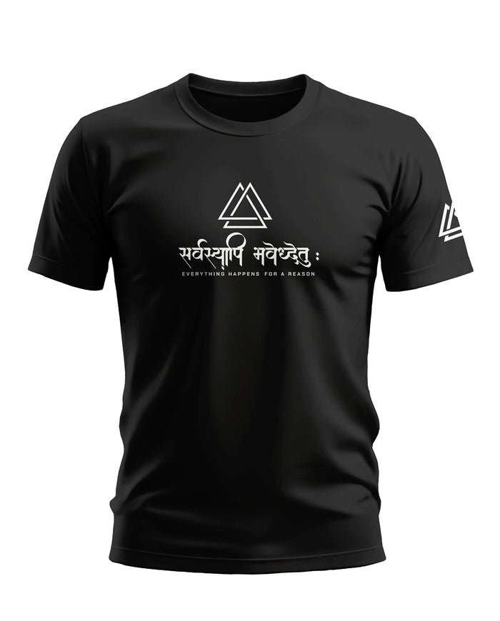 Black men's graphic t-shirt with Sanskrit text, geometric triangle design, and slogan print