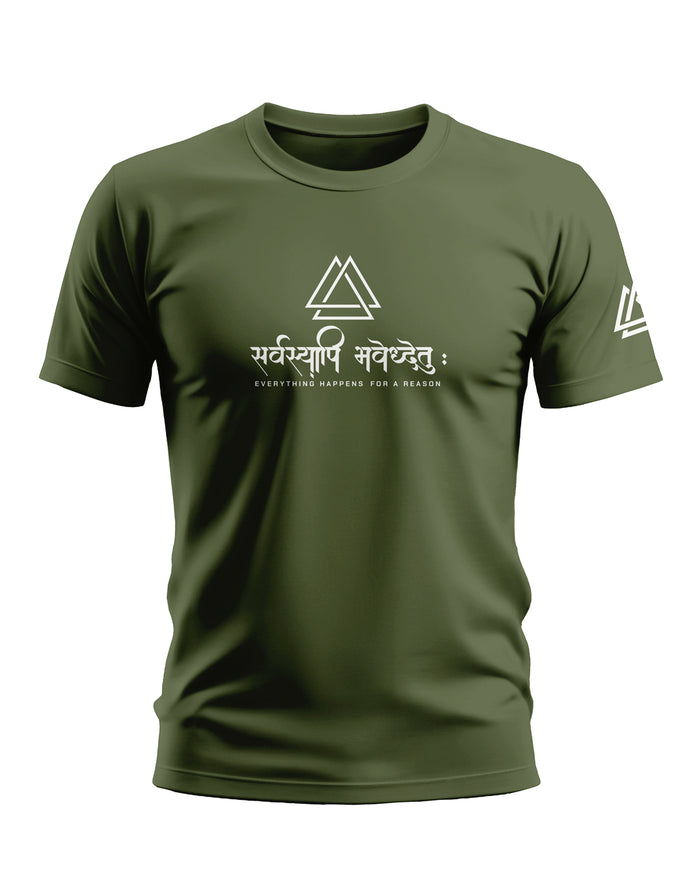Olive green men's t-shirt with Sanskrit text, geometric logo, and 'Everything Happens For A Reason' printed on front.