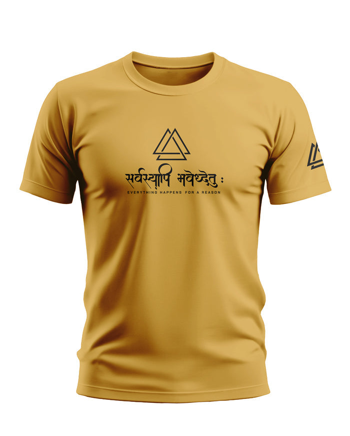 Yellow men's t-shirt with black Sanskrit and English text, geometric logo on chest and sleeves