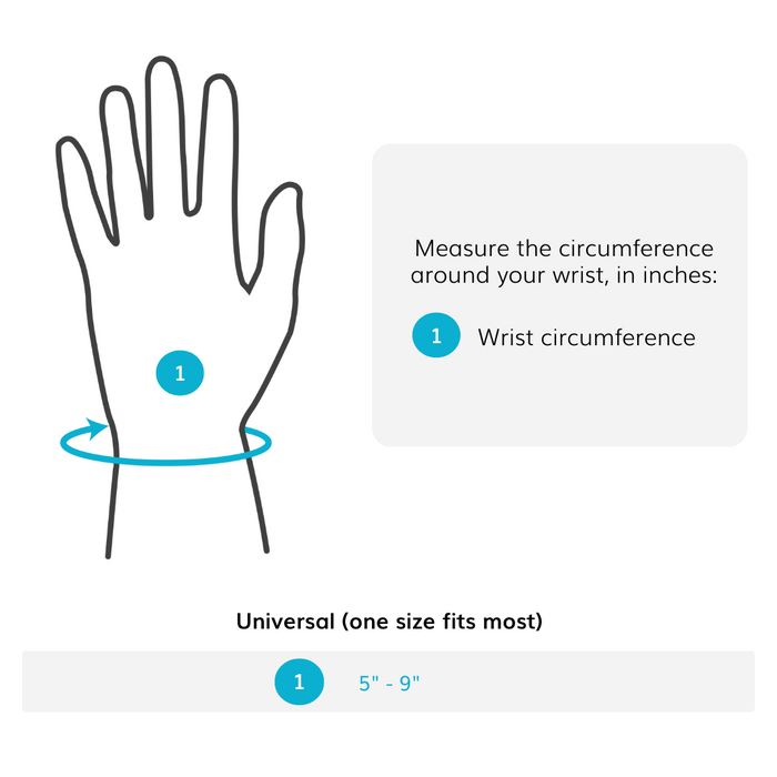 The sizing chart for the trigger finger broken finger splint is one size fits mosts with wrists up to 9 inches