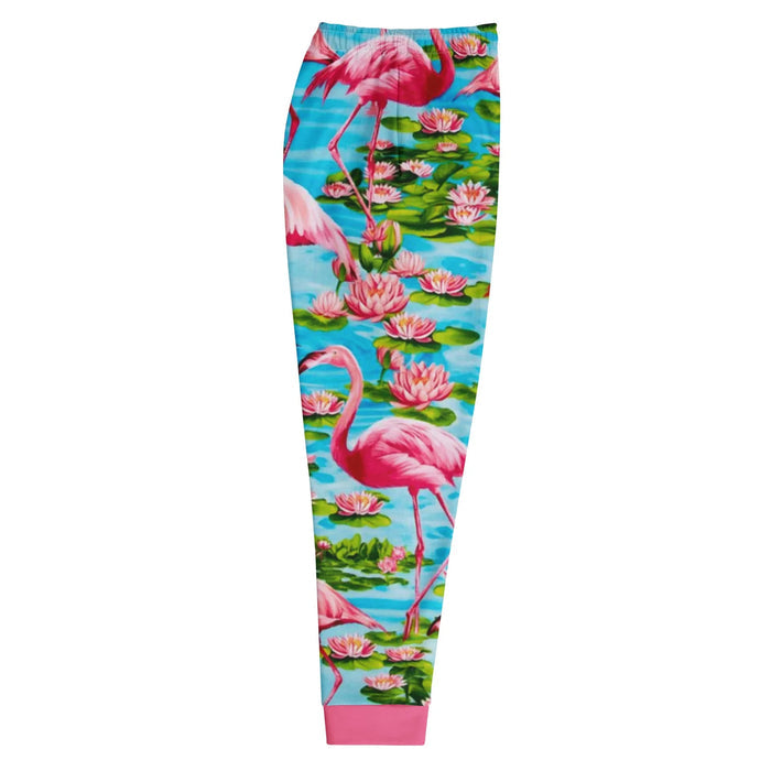 Flamingo Paradise Joggers - The hyper-saturated collision of "pale blush (#FFC0CB)" plumage against the digital "aquatic azure (#00BFFF)" water patterns, framed by the solid "deep magenta (#C71585)" cuffs.