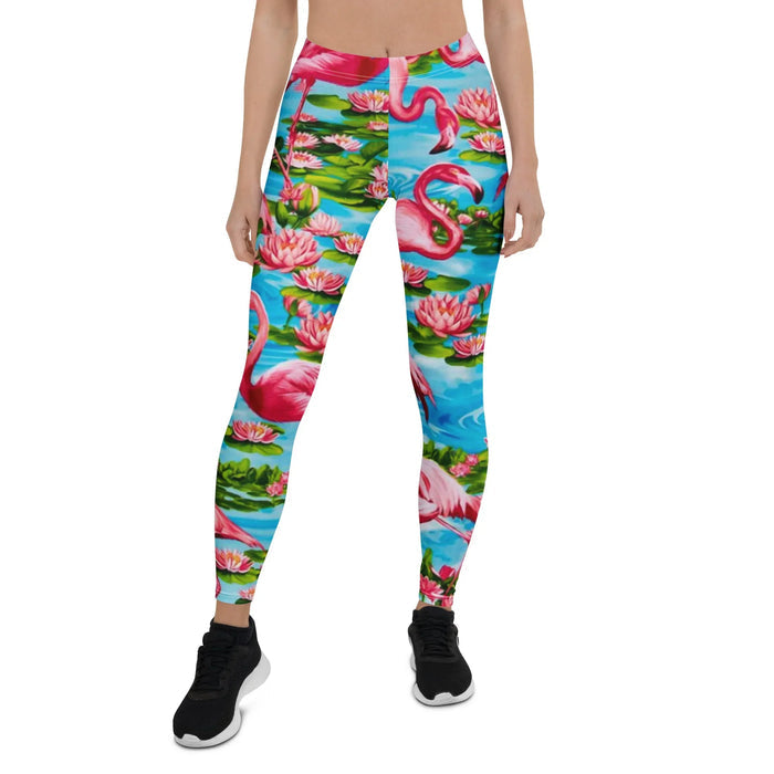 Flamingo Paradise Women's Leggings - The jarringly pleasant high-contrast palette pairing "Flamingo Coral" (#FF6B8B) avian silhouettes against the hyper-saturated "Lagoon Turquoise" (#00B2E3) aquatic backdrop.