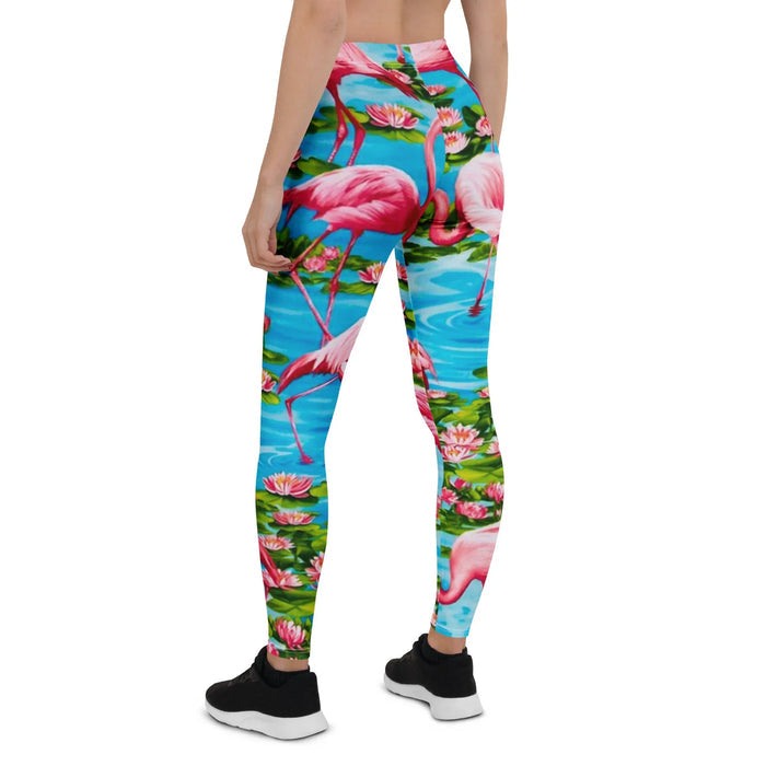 Flamingo Paradise Women's Leggings in Tropical Lagoon Vivids. OEKO-TEX® 100, REACH Compliant, Zero-Wastewater Printing.