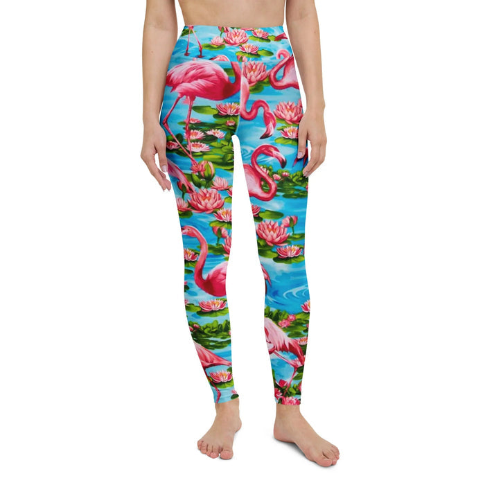 Flamingo Paradise Yoga Pants - The high-contrast interplay between **Lagoon Azure (#4EB5D5)** water ripples and the distinct **Flamingo Coral (#F05E86)** silhouettes.