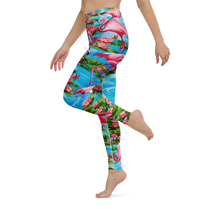 Flamingo Paradise Yoga Pants in Tropical Lagoon Pink. OEKO-TEX® 100, REACH Compliant, Zero-Wastewater Printing.