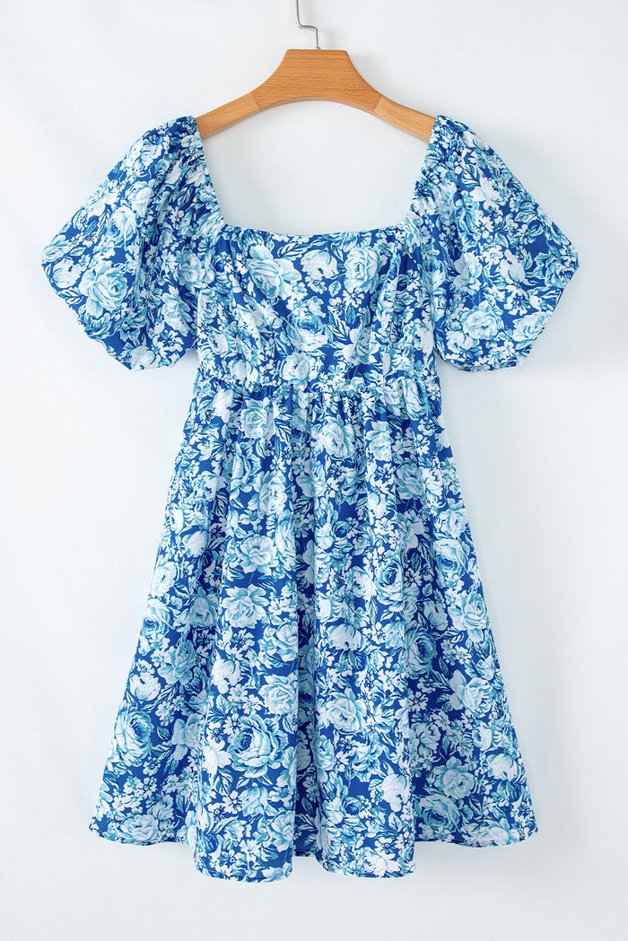 Blue Floral Puff Sleeve Babydoll Mini Dress - Dresses/Floral Dresses
