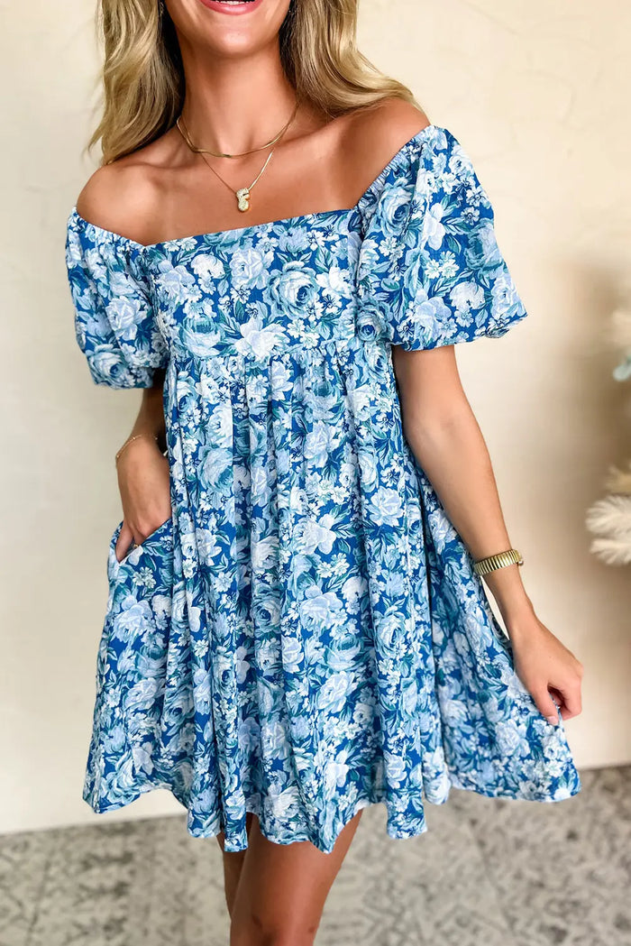 Blue Floral Puff Sleeve Babydoll Mini Dress - BLUE / S / 100% POLYESTER - Dresses/Floral Dresses