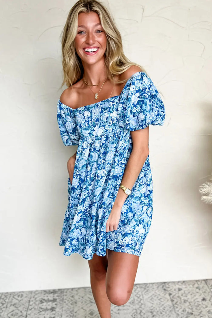 Blue Floral Puff Sleeve Babydoll Mini Dress - Dresses/Floral Dresses