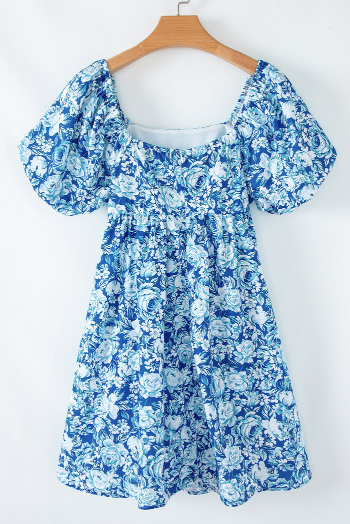 Blue Floral Puff Sleeve Babydoll Mini Dress - Dresses/Floral Dresses