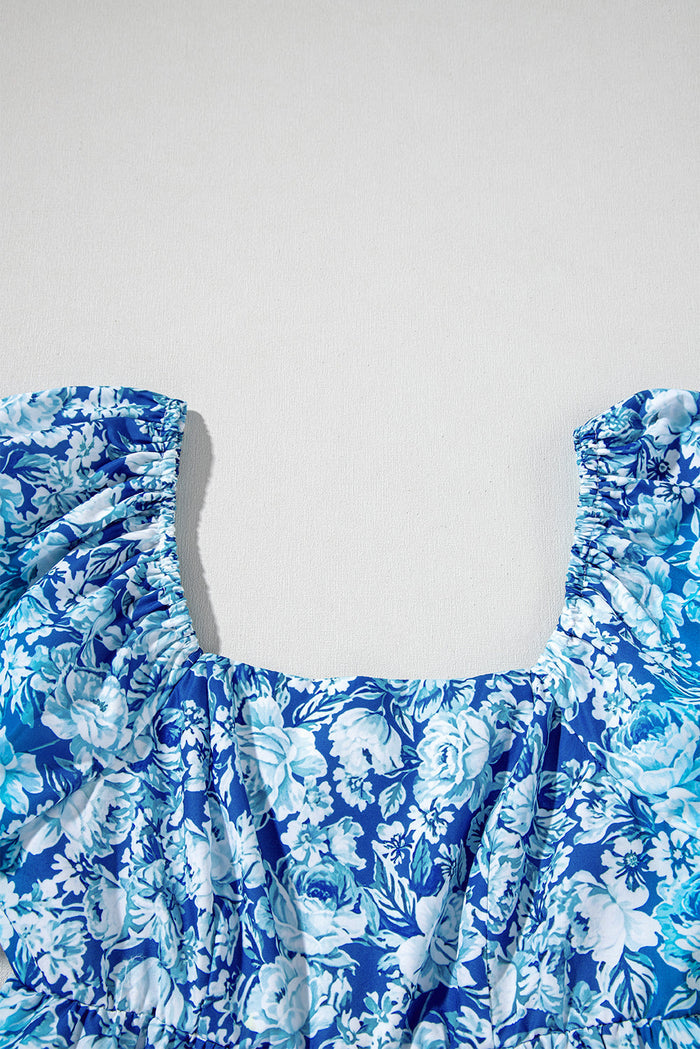 Blue Floral Puff Sleeve Babydoll Mini Dress - Dresses/Floral Dresses