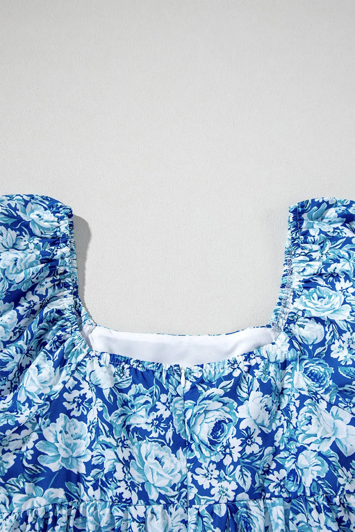 Blue Floral Puff Sleeve Babydoll Mini Dress - Dresses/Floral Dresses
