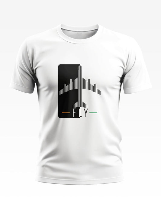 White men's t-shirt with black airplane graphic and 'FLY' text, casual fashion style.