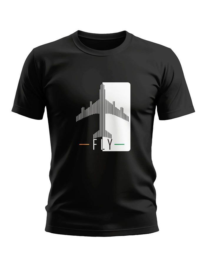 Black men's t-shirt with airplane graphic and FLY text, casual cotton fashion tee