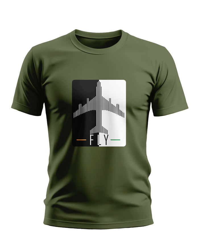 Olive green men's t-shirt with airplane graphic and 'FLY' text, modern casual wear.